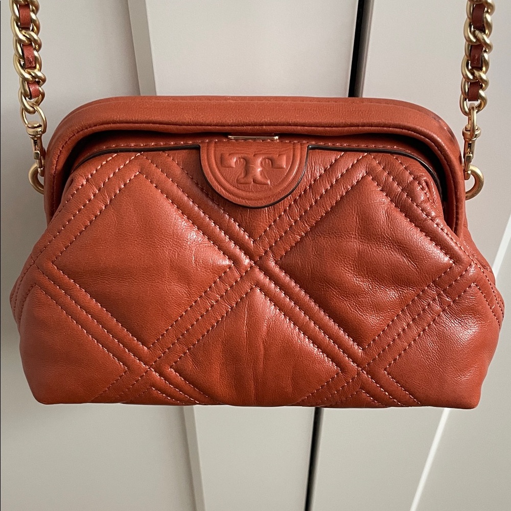 Tory Burch Quilted Leather Crossbody in Rusty Orange with Gold Chain